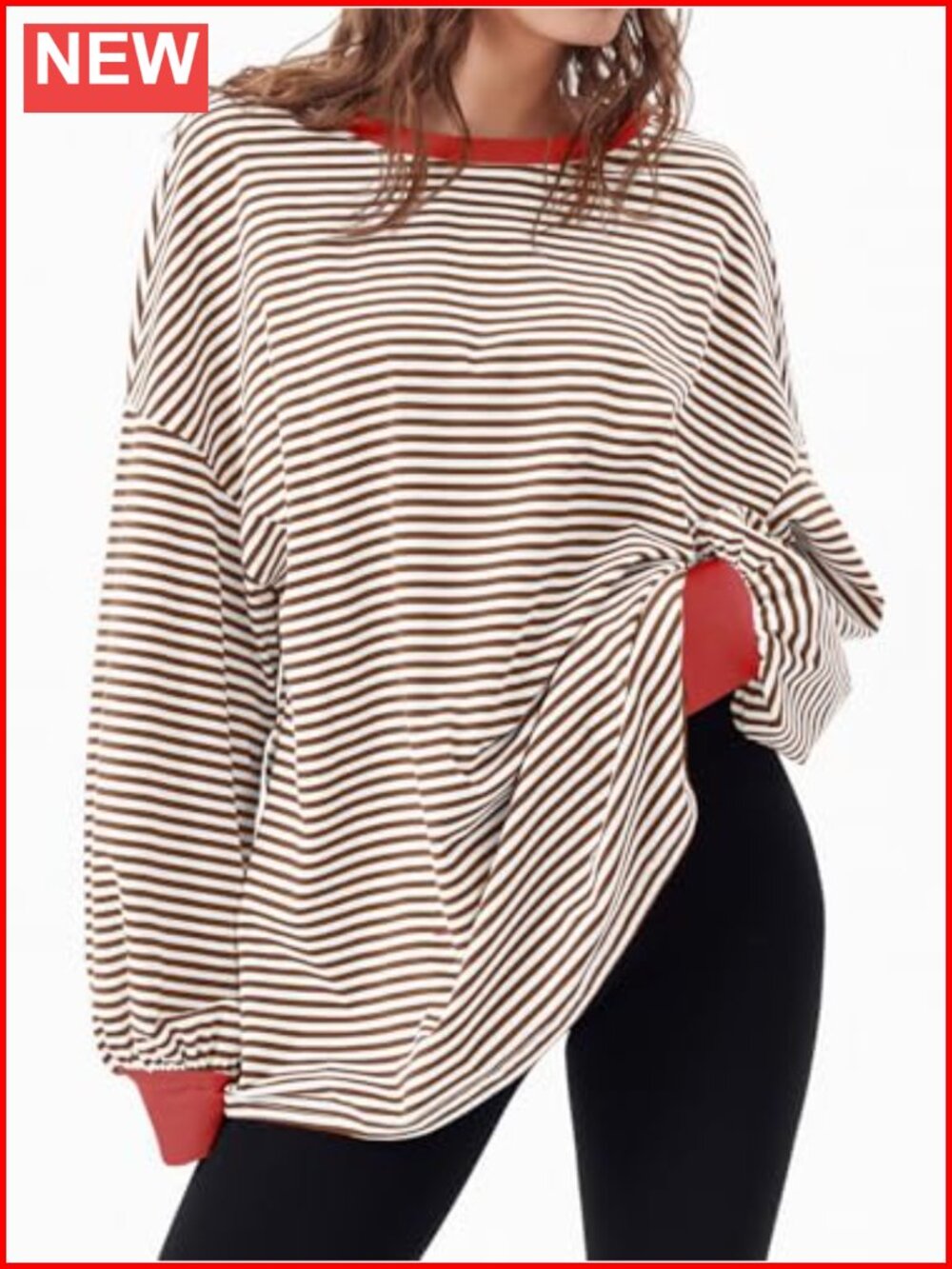 Oversized Long Sleeve Striped Tunic Top Cotton Blend Casual Loose Fit
